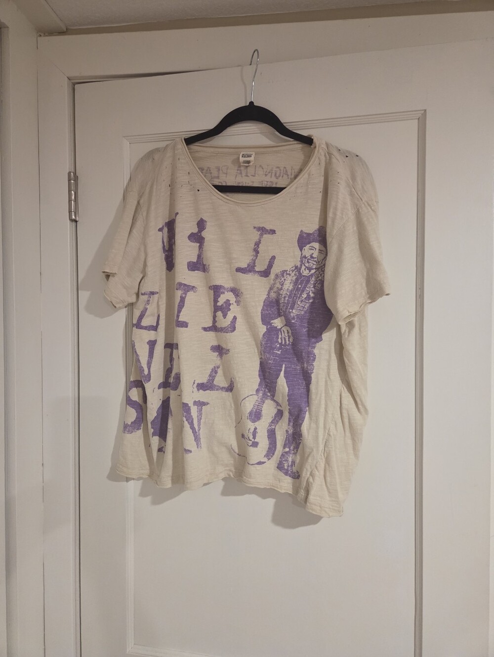 Unisex Cream Graphic Tee with Purple Print